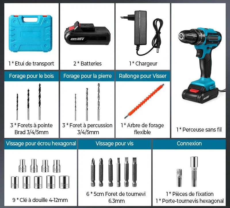 TALADRO INALÁMBRICO con PERCUTOR + 24 ACCESORIOS + 2 BATERIAS 48V