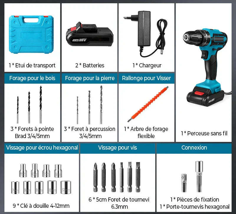 TALADRO INALÁMBRICO con PERCUTOR + 24 ACCESORIOS + 2 BATERIAS 48V
