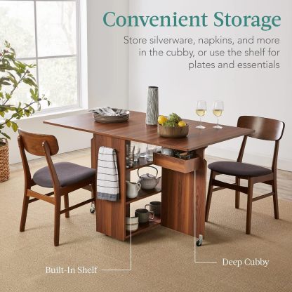 Best Choice Products - Mesa de comedor plegable, multiusos para ahorrar espacio, con ruedas, 3 estantes de almacenamiento, color café