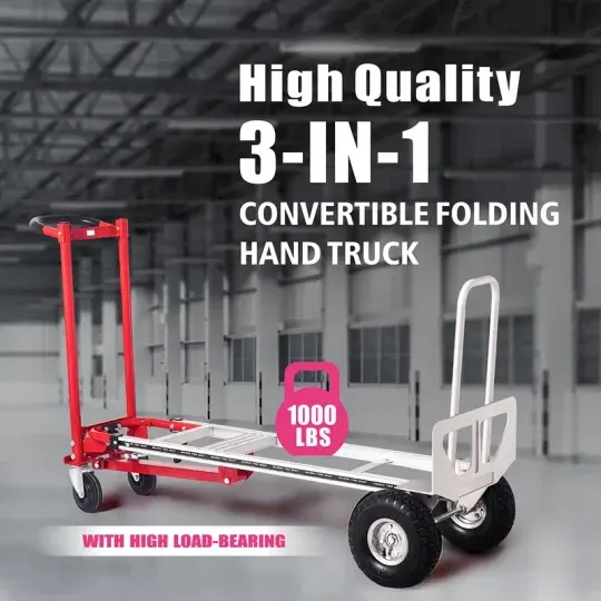 Carro industrial plegable de alta resistencia con capacidad de 1000 libras, diseño 3 en 1, con 4 ruedas, plataforma plegable, carretilla de mano de aluminio para mudanzas en almacenes, supermercados, jardines.