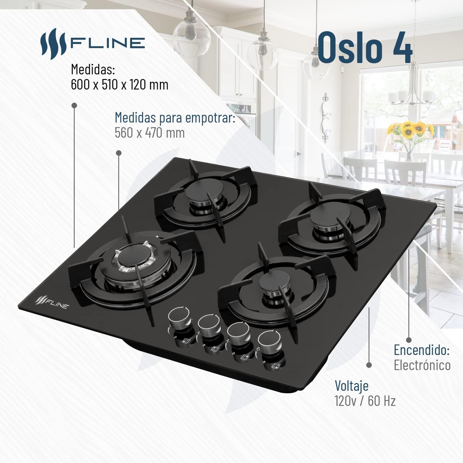 FLINE Parrilla de Gas Empotrable 4 Quemadores | Vidrio Templado | Estufa Eléctrica Empotrable | Parrilla Inducción | Estufas de Gas de Mesa | Quemadores, 4 Parrillas