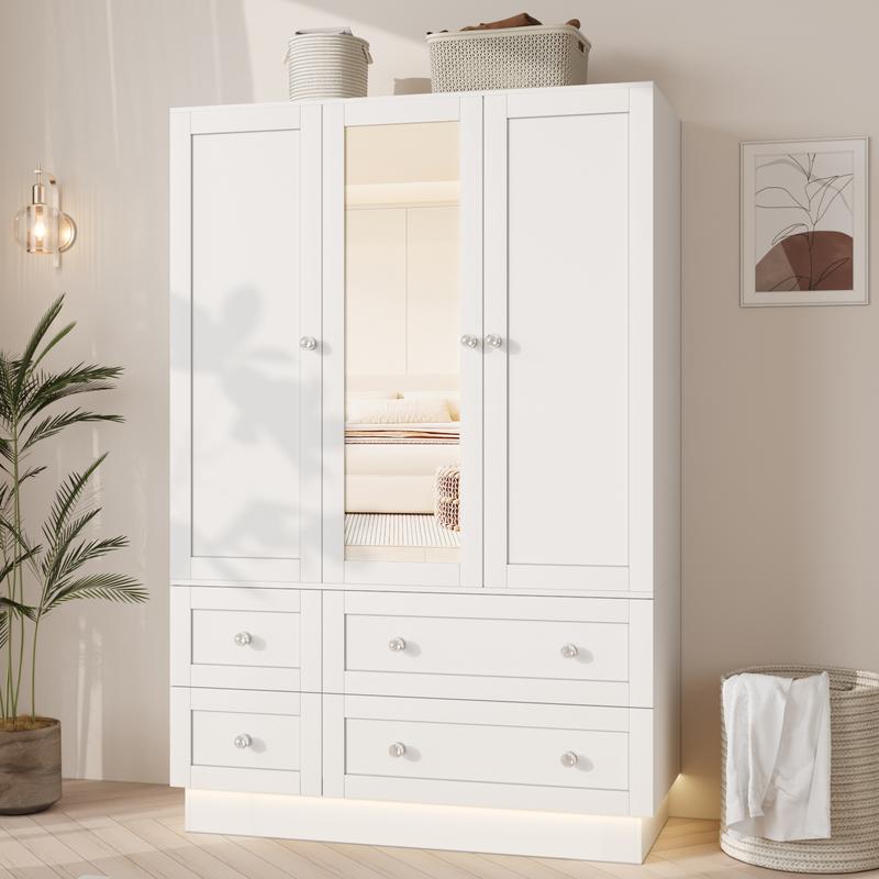 Armario de dormitorio VOWNER con 3 puertas y 4 cajones, espejo, luces RGB, barra para colgar ropa, dormitorio, sala de estar, blanco, negro