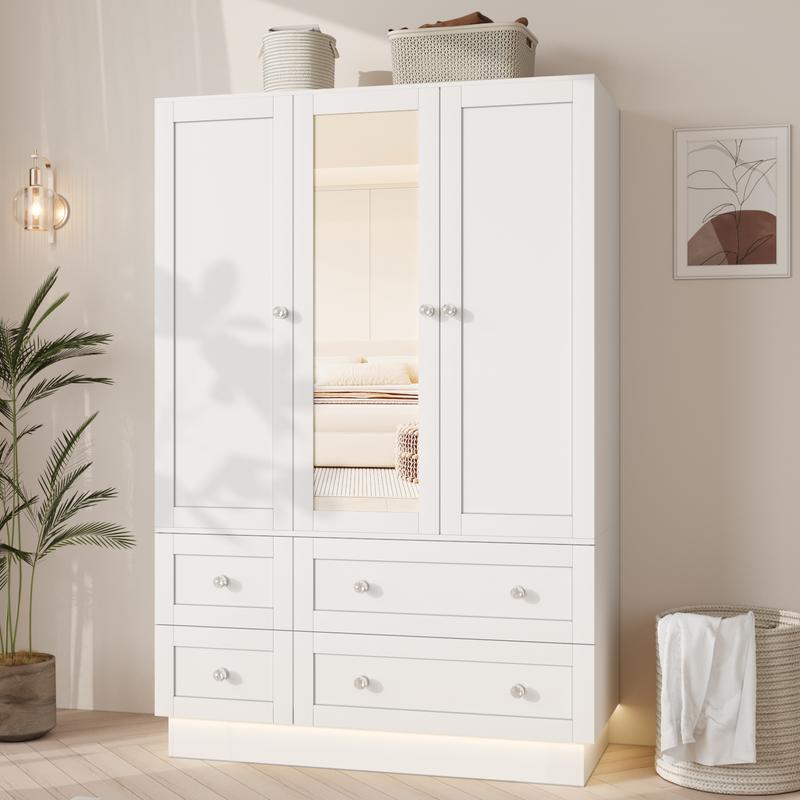 Armario de dormitorio VOWNER con 3 puertas y 4 cajones, espejo, luces RGB, barra para colgar ropa, dormitorio, sala de estar, blanco, negro