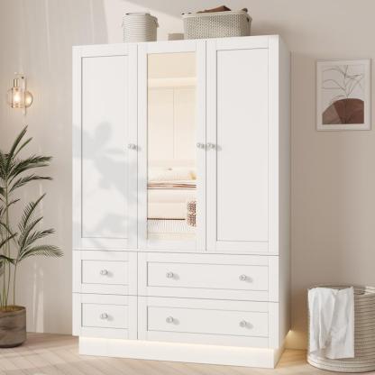 Armario de dormitorio VOWNER con 3 puertas y 4 cajones, espejo, luces RGB, barra para colgar ropa, dormitorio, sala de estar, blanco, negro