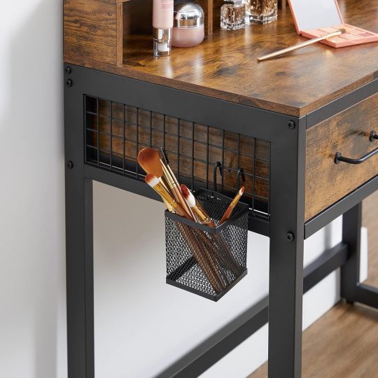 Juego de Mesa de Maquillaje con Espejo Triple, Tocador con Espejo y Taburete, 3 Cajones, Escritorio de Maquillaje, Soporte para Secador, Industrial, Marrón Rústico y Negro RVT004B01
