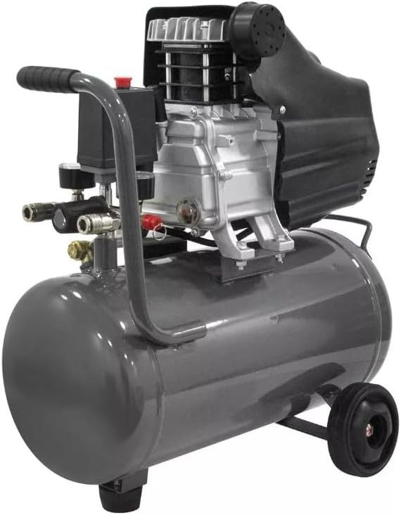 Compresor de aire 25 litros para pintar motor de 2.5 hp, 115 psi, sopletear, barnizar, con doble conexión rápida. Incluye manguera para compresor de 3 metros y pistola de gravedad.
