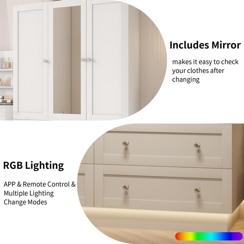 Armario de dormitorio VOWNER con 3 puertas y 4 cajones, espejo, luces RGB, barra para colgar ropa, dormitorio, sala de estar, blanco, negro