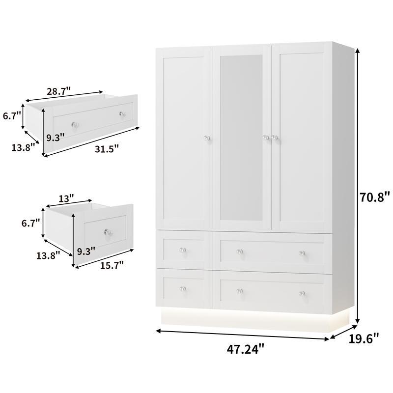 Armario de dormitorio VOWNER con 3 puertas y 4 cajones, espejo, luces RGB, barra para colgar ropa, dormitorio, sala de estar, blanco, negro
