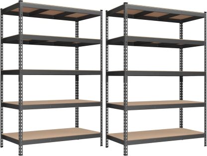 SONGMICS Estantería de Almacenamiento, 5 Niveles, Juego de 2, Montaje sin Tornillos, Estantes Ajustables, 30 x 75 x 150 cm, Plata MGLR302BEZ03