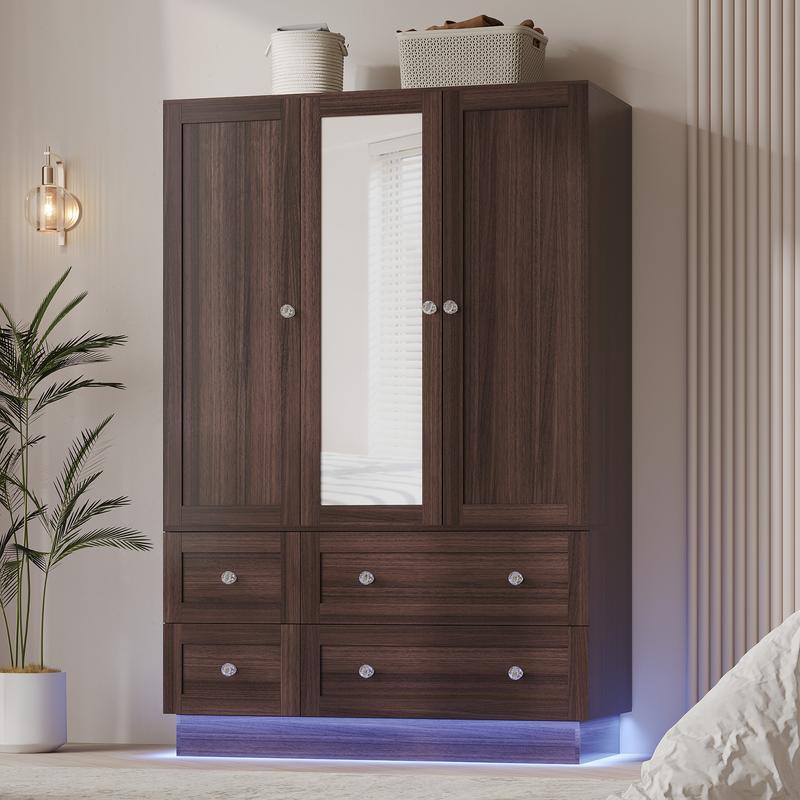 Armario de dormitorio VOWNER con 3 puertas y 4 cajones, espejo, luces RGB, barra para colgar ropa, dormitorio, sala de estar, blanco, negro