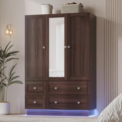 Armario de dormitorio VOWNER con 3 puertas y 4 cajones, espejo, luces RGB, barra para colgar ropa, dormitorio, sala de estar, blanco, negro