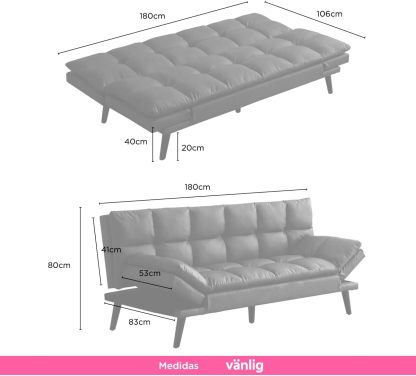 VANLIG | Sofá Cama Moderno de Vinipiel | Acolchado Futón Munich | Multiusos Ajustable | para Espacios Pequeños | Alta Calidad Resistente y Duradero | Color Café