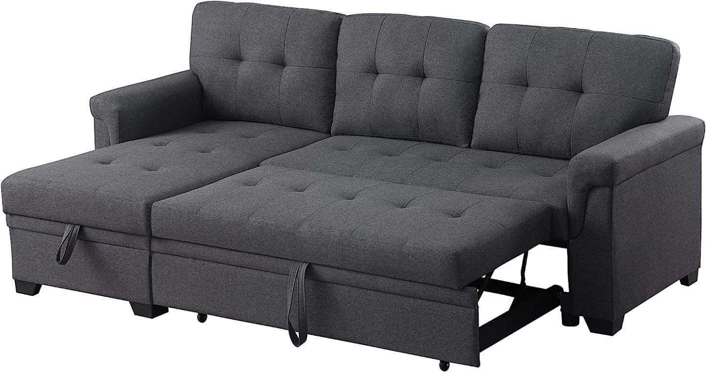 Lilola Home Lucca Sofá seccional Reversible, sillón de Almacenamiento, Cama extraíble, salón en Forma de L, Gris Acero, Lino