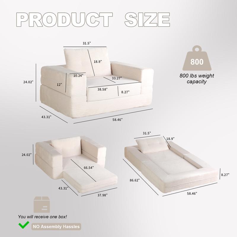 Sofá cama convertible, sofá cama plegable curvo 2 en 1 con almohadas para sala de estar y dormitorio, espuma viscoelástica de alta densidad.