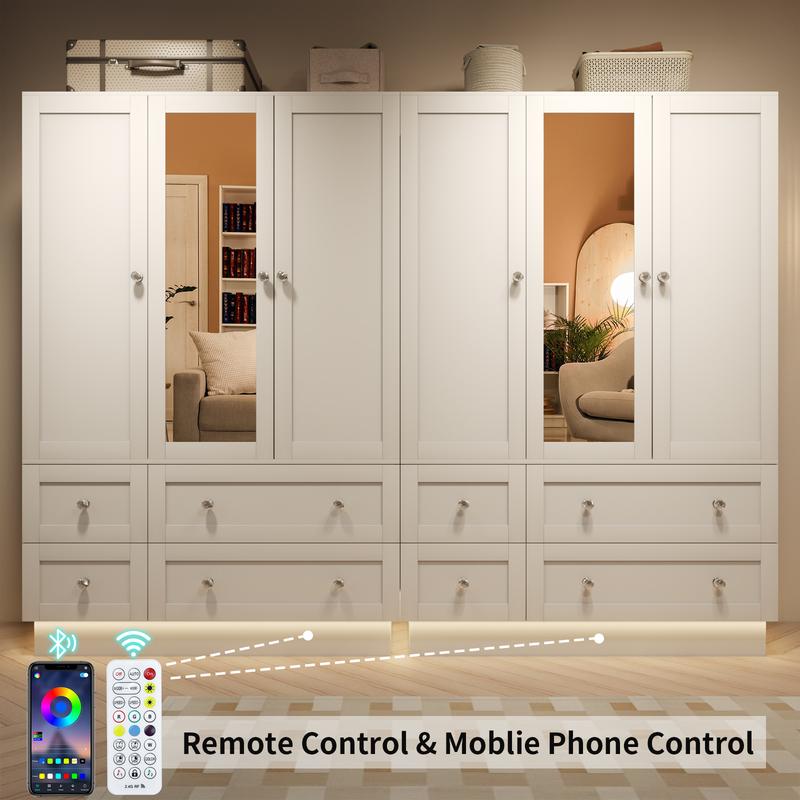 Armario de dormitorio VOWNER con 3 puertas y 4 cajones, espejo, luces RGB, barra para colgar ropa, dormitorio, sala de estar, blanco, negro
