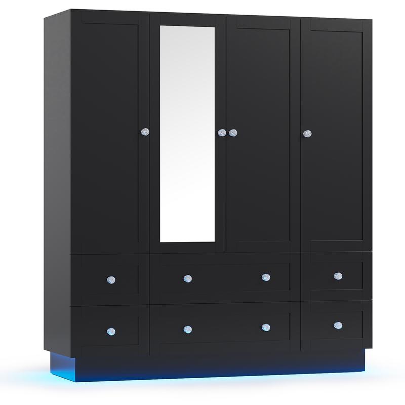 Armario de dormitorio VOWNER con 3 puertas y 4 cajones, espejo, luces RGB, barra para colgar ropa, dormitorio, sala de estar, blanco, negro