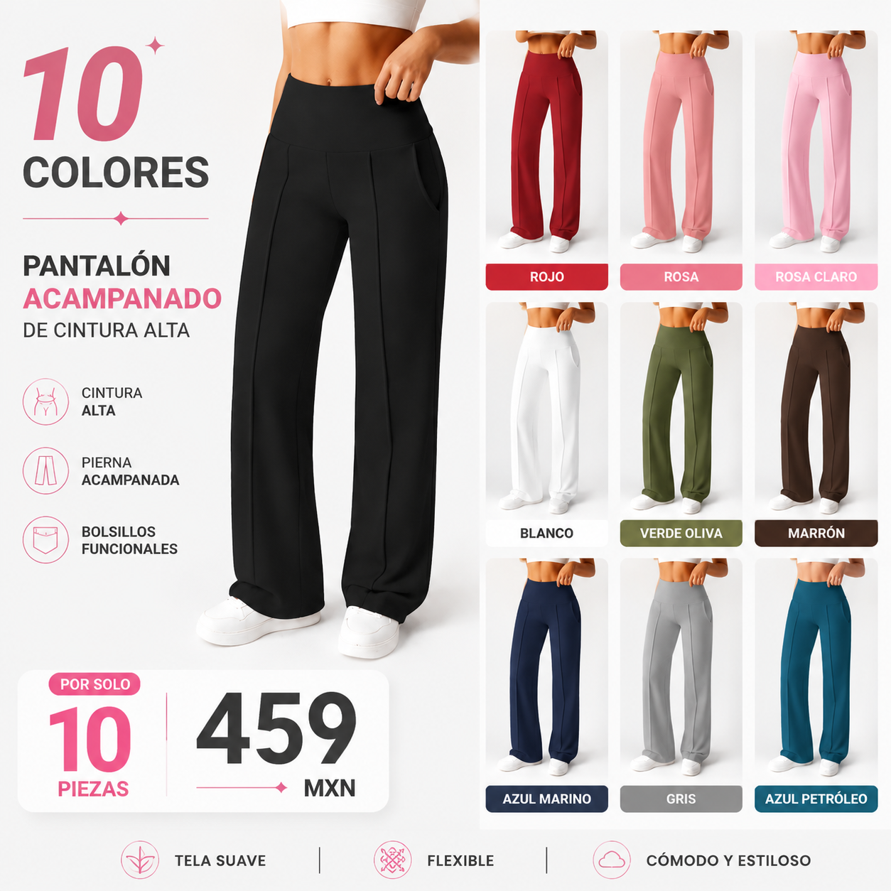 Pantalones de mujer de tiro medio, cintura elástica y pernera ancha; estilo deportivo casual, cómodos bolsillos laterales; prenda versátil para primavera y otoño; ideales para el día a día; moda femenina.