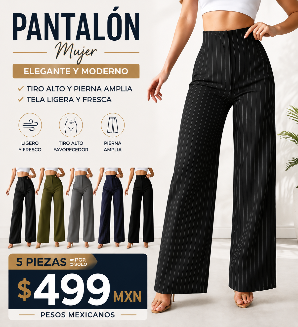 Pantalón Mujer Elegante y Moderno.  Tiro Alto y Pierna Amplia. Tela Ligera y Fresca.