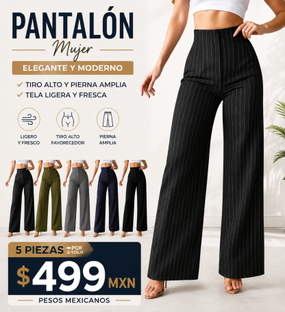 Pantalón Mujer Elegante y Moderno.  Tiro Alto y Pierna Amplia. Tela Ligera y Fresca.