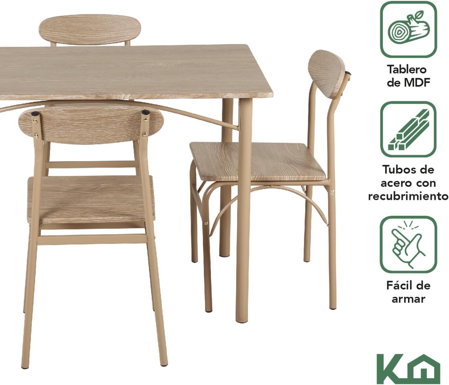 Kingshouse | Comedor 4 Sillas con Mesa – Madera MDF Estructura Metálica - Negro – Moderno Minimalista - para 4 Personas
