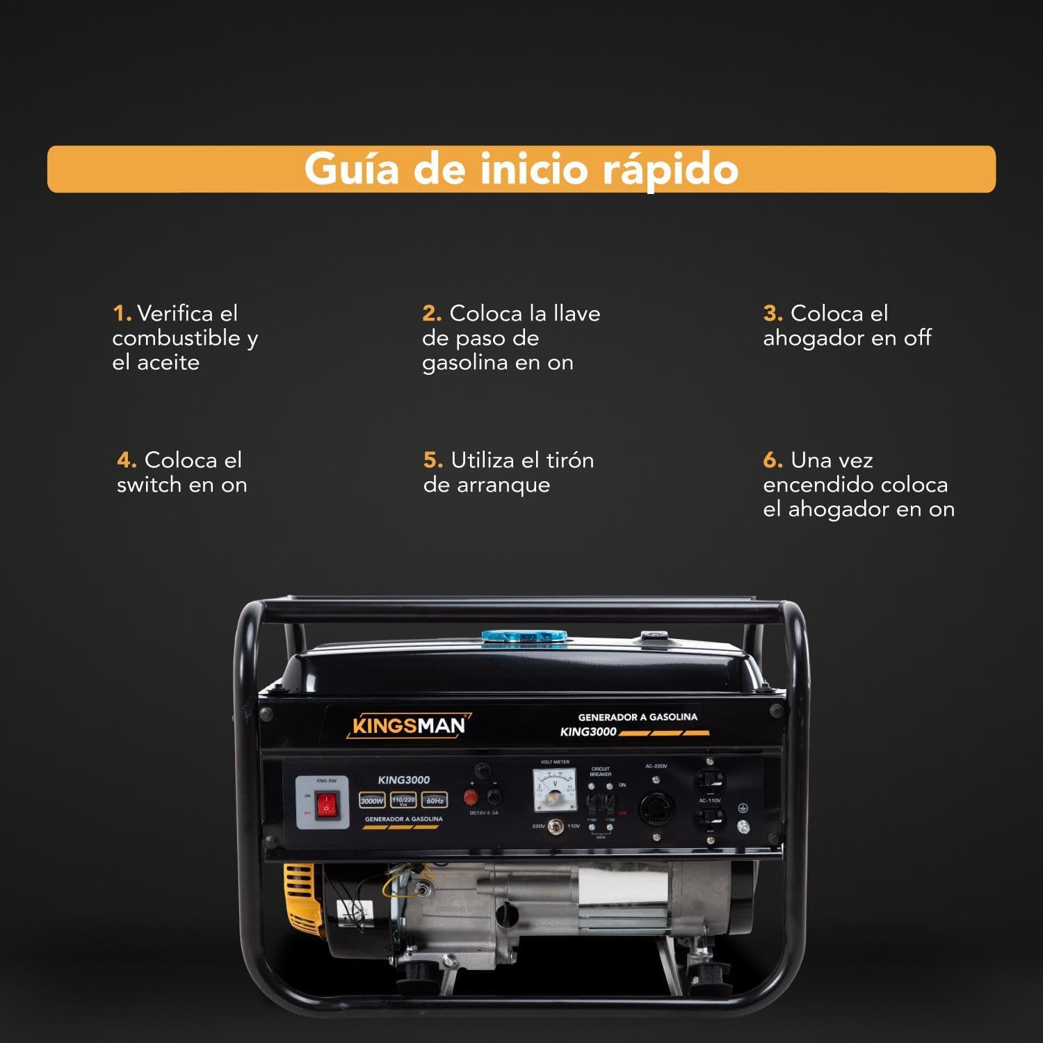 KINGSMAN | Generador Portátil de Energía a Gasolina 3000W - Motor 1 Cilindro 4 Tiempos - Estación de Energía 110/220V - 60Hz - 15L Tanque de Combustible