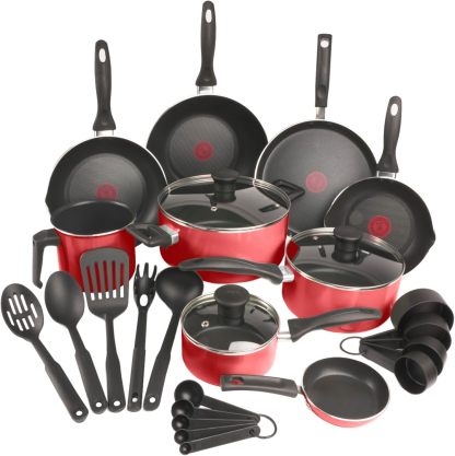 T-fal Batería de Cocina Supercook de 26 piezas Color Rojo con Antiadherente Titanium, tecnología Thermo Señal, de fácil limpieza y base difusora para crear deliciosas recetas, B929SZ84
