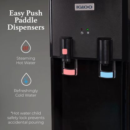 Igloo - Dispensador de agua fría y caliente de carga superior, enfriador de agua para botellas de 5 galones y botellas de 3 galones, incluye cerradura de seguridad para niños, máquina de agua perfecta