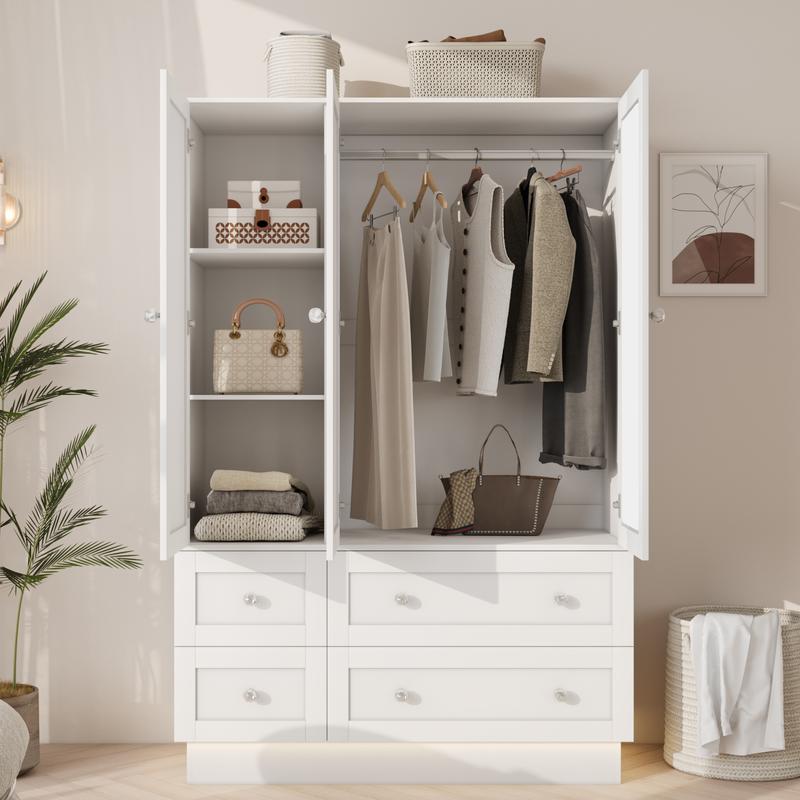 Armario de dormitorio VOWNER con 3 puertas y 4 cajones, espejo, luces RGB, barra para colgar ropa, dormitorio, sala de estar, blanco, negro