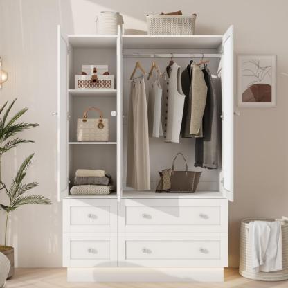 Armario de dormitorio VOWNER con 3 puertas y 4 cajones, espejo, luces RGB, barra para colgar ropa, dormitorio, sala de estar, blanco, negro