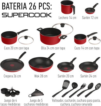 T-fal Batería de Cocina Supercook de 26 piezas Color Rojo con Antiadherente Titanium, tecnología Thermo Señal, de fácil limpieza y base difusora para crear deliciosas recetas, B929SZ84