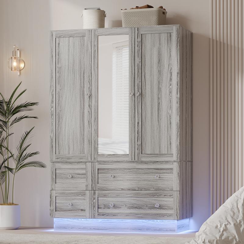 Armario de dormitorio VOWNER con 3 puertas y 4 cajones, espejo, luces RGB, barra para colgar ropa, dormitorio, sala de estar, blanco, negro