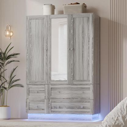 Armario de dormitorio VOWNER con 3 puertas y 4 cajones, espejo, luces RGB, barra para colgar ropa, dormitorio, sala de estar, blanco, negro