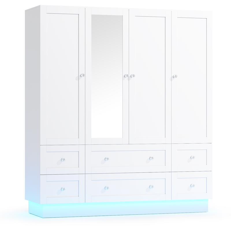 Armario de dormitorio VOWNER con 3 puertas y 4 cajones, espejo, luces RGB, barra para colgar ropa, dormitorio, sala de estar, blanco, negro