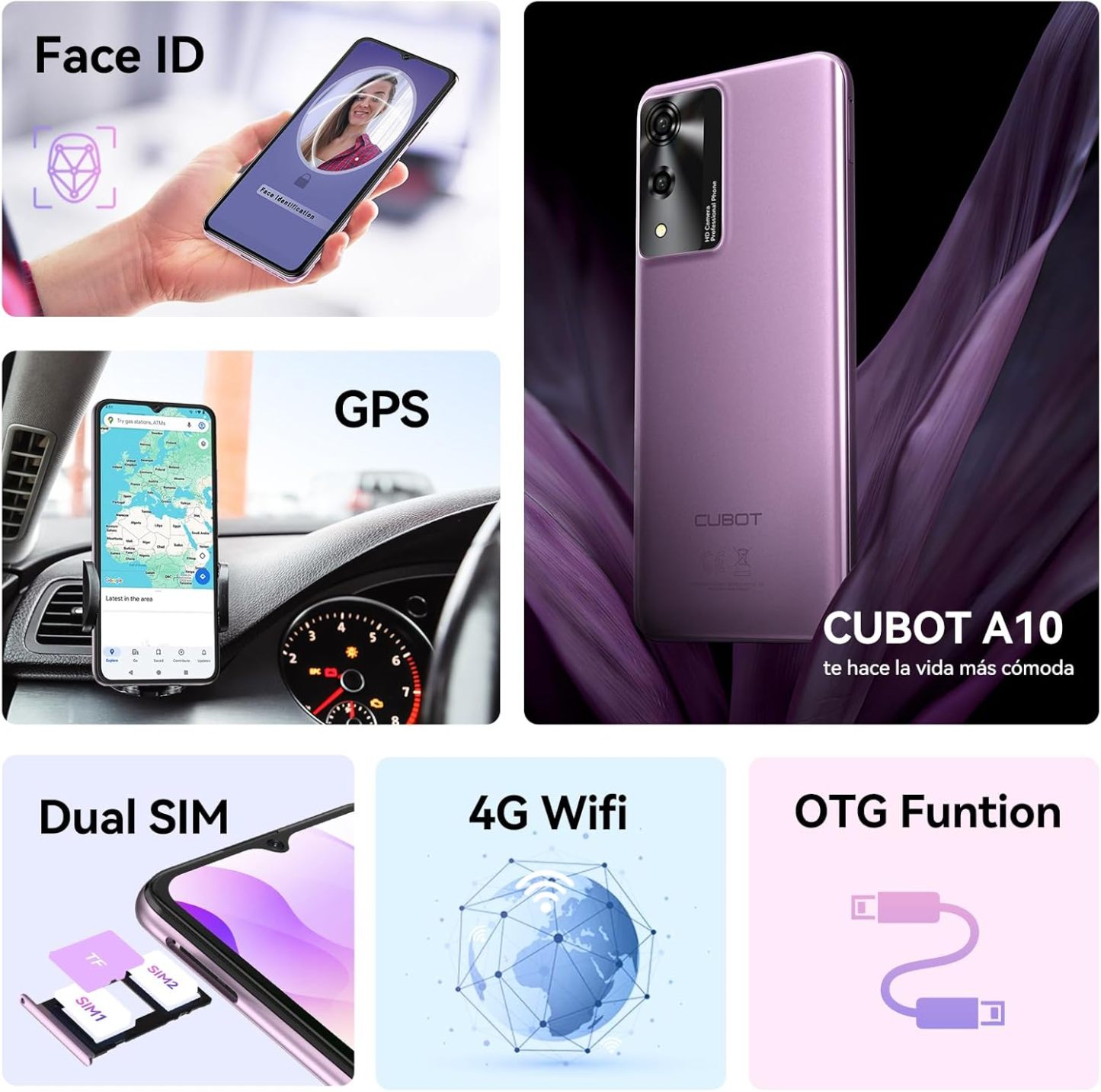 CUBOT Celular A10, Android 14 Smartphone Desbloqueado con Batería de 5100mAh,12(4+8 Extendido) GB RAM 128GB ROM,6.56" HD+ Pantalla Teléfono 48MP Principal Cámara,90Hz/5G WiFi/Face ID