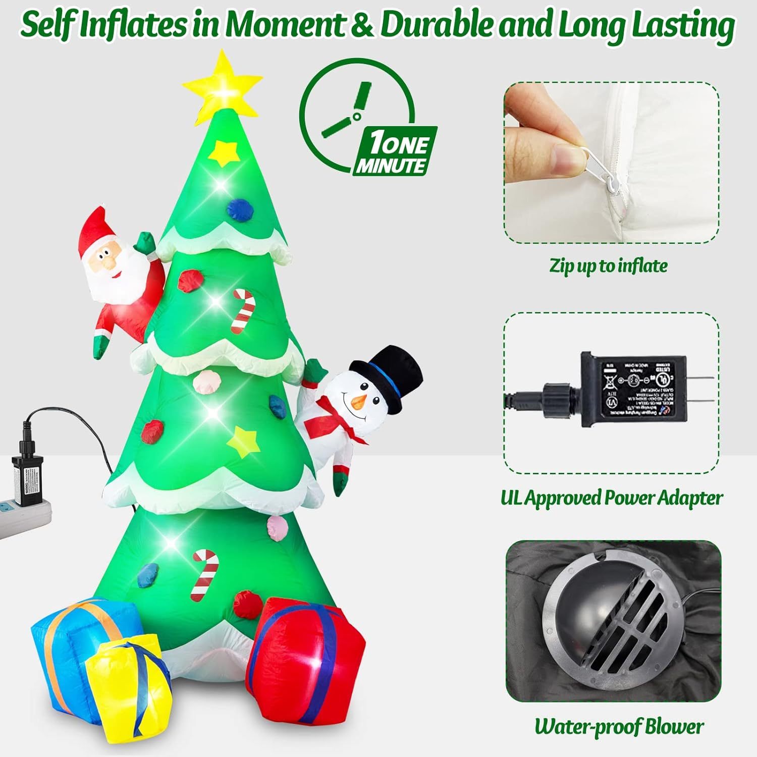 Danxilu 1.83M Arbol de Navidad Inflable con Papá Noel Perro Decoraciones al Aire Libre, Inflables Navidad Arbol Santa Claus para el Patio Inflables Navideños Decoración Iluminada con Leds