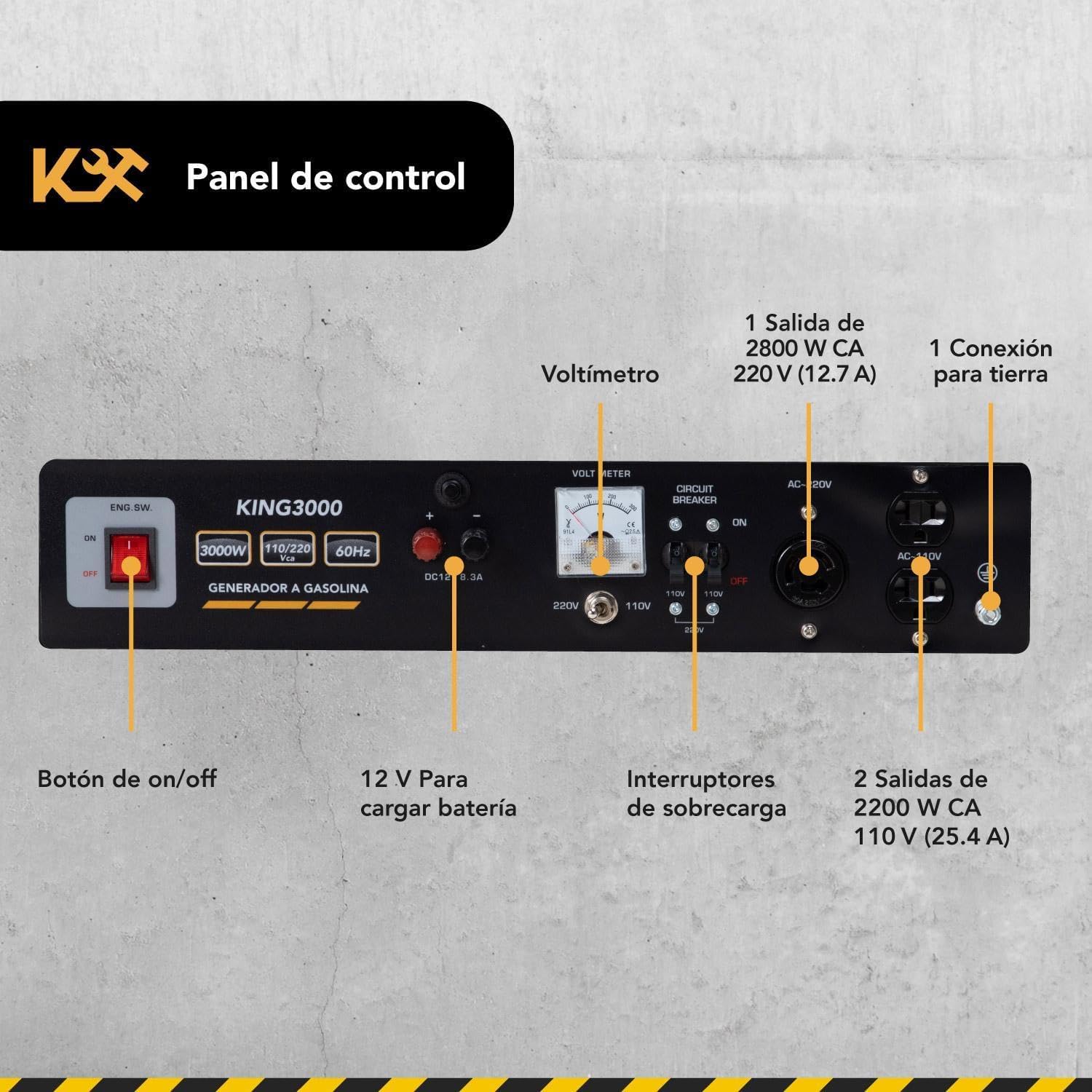 KINGSMAN | Generador Portátil de Energía a Gasolina 3000W - Motor 1 Cilindro 4 Tiempos - Estación de Energía 110/220V - 60Hz - 15L Tanque de Combustible