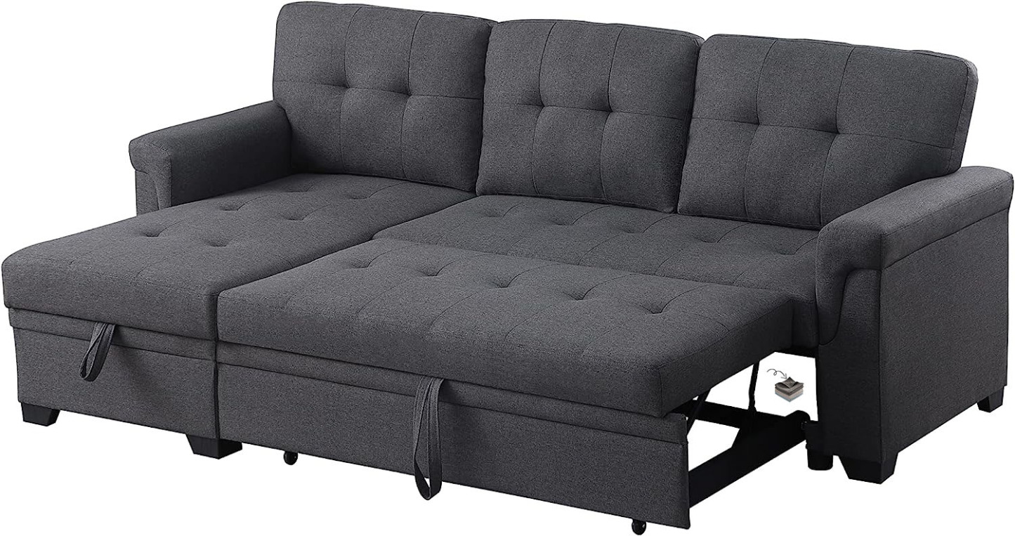 Lilola Home Lucca Sofá seccional Reversible, sillón de Almacenamiento, Cama extraíble, salón en Forma de L, Gris Acero, Lino