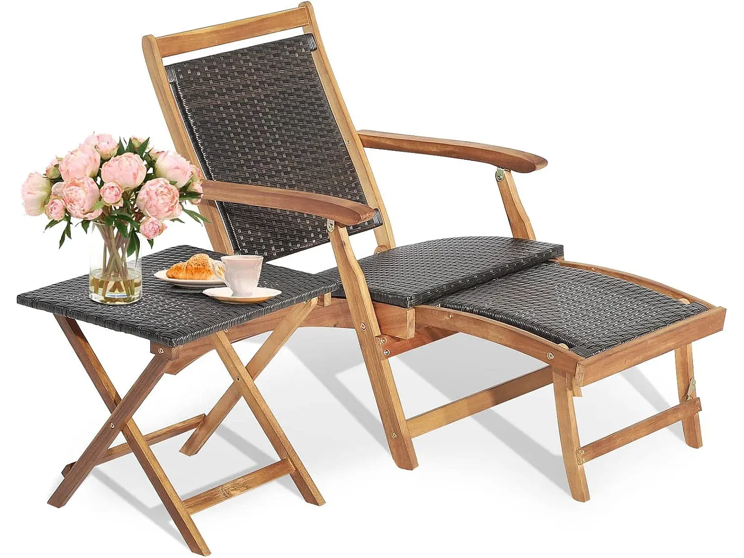 Gartenliege mit Beistelltisch und verstellbarer Fußstütze-Velessaliving