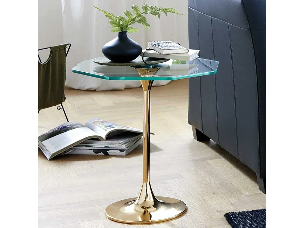 Achteckiger Couchtisch mit Glasplatte in Gold-Velessaliving