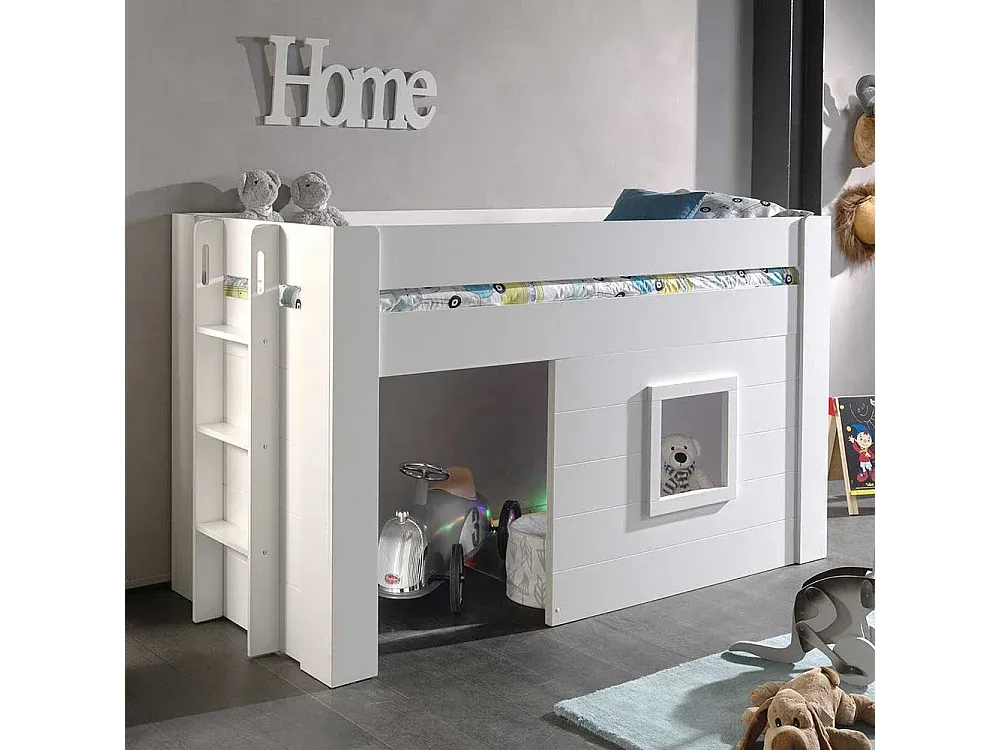 Halbhohes Bett für das Kinderzimmer mit Leiter in Weiß-Velessaliving
