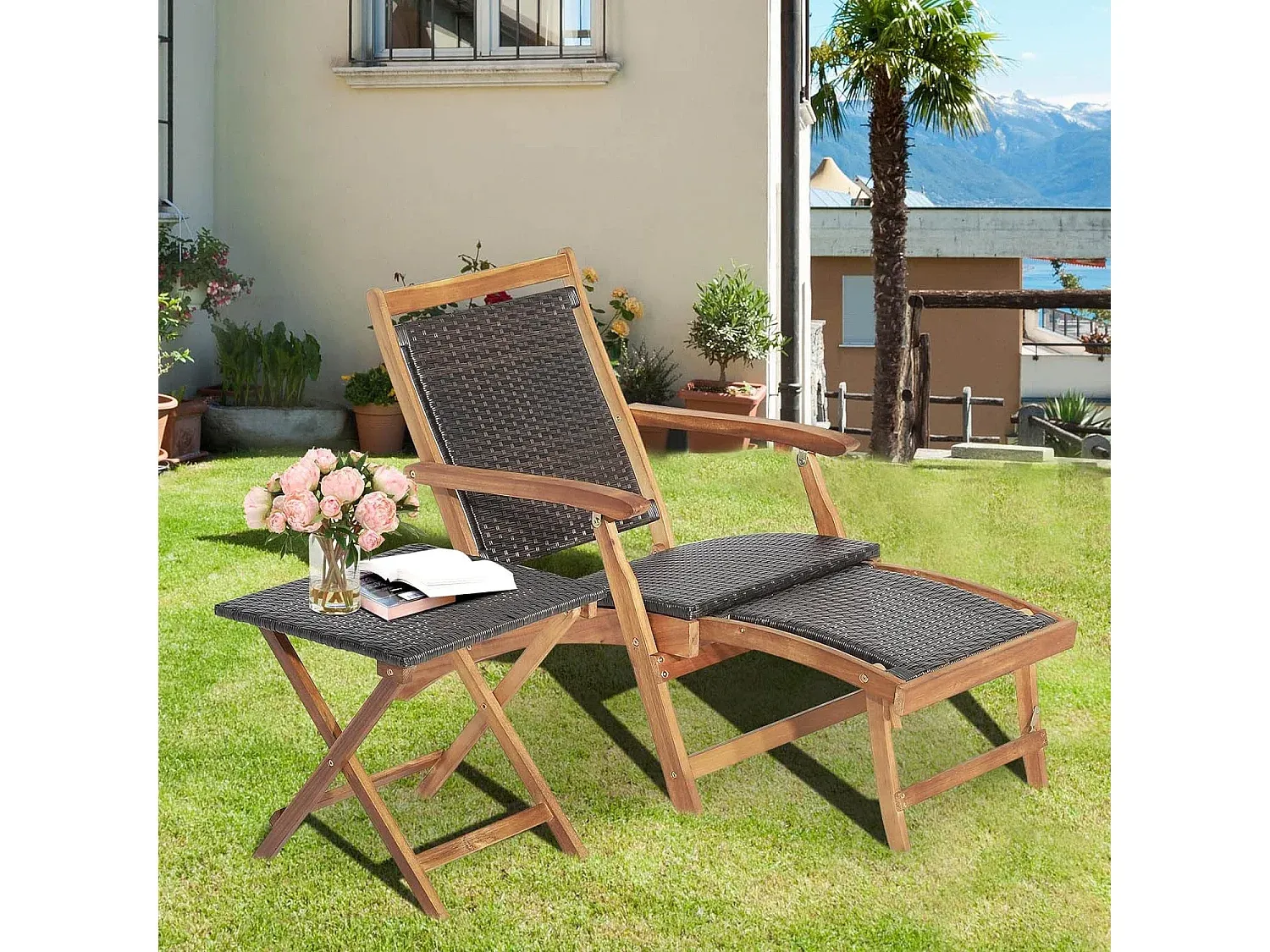 Gartenliege mit Beistelltisch und verstellbarer Fußstütze-Velessaliving