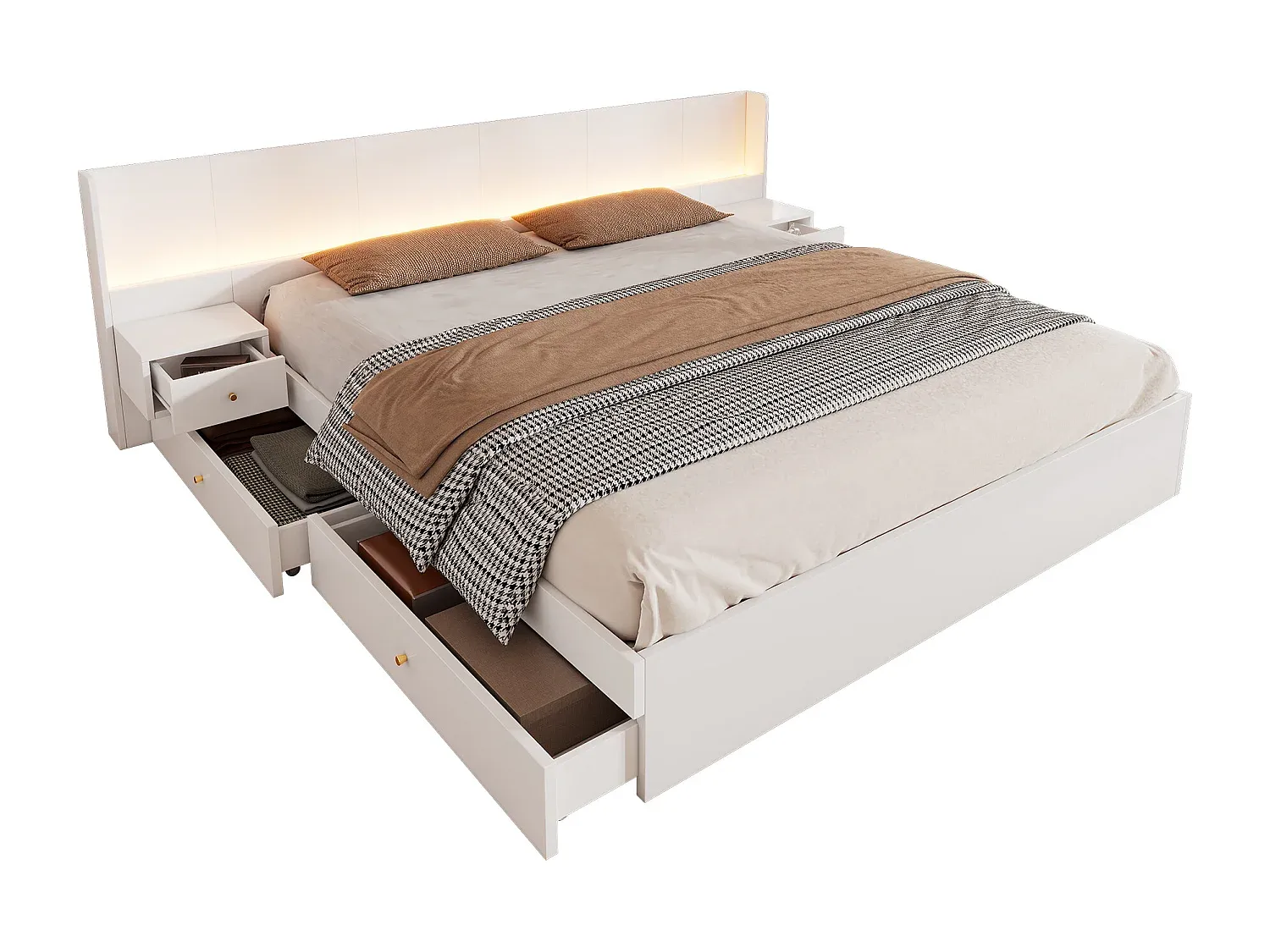 Holzbett mit Stauraum und LED, 180 x 200 cm, inklusive Nachttischen-Velessaliving