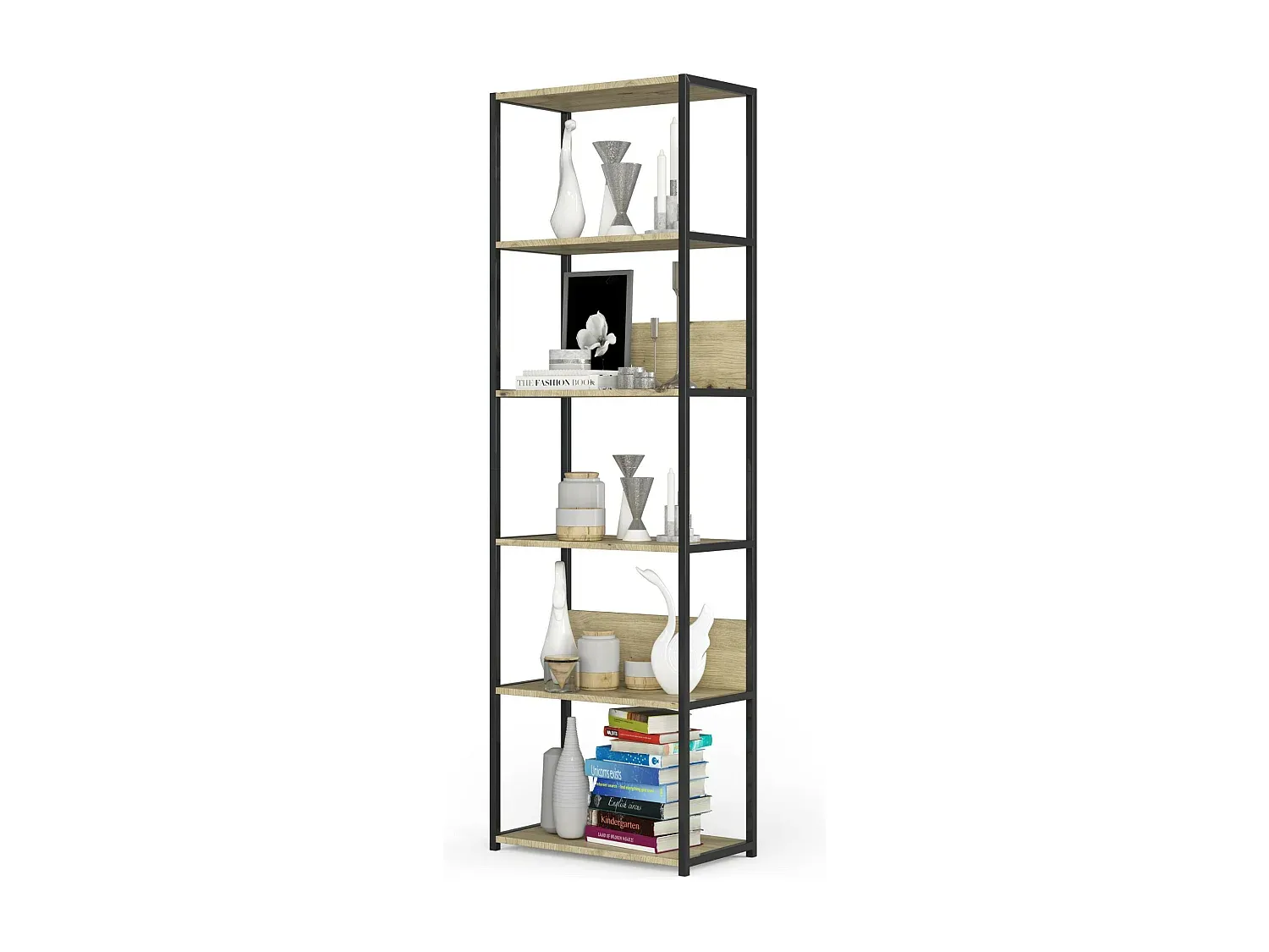 Modernes Holzregal mit 6 Ebenen, Schwarz und Eiche-Velessaliving