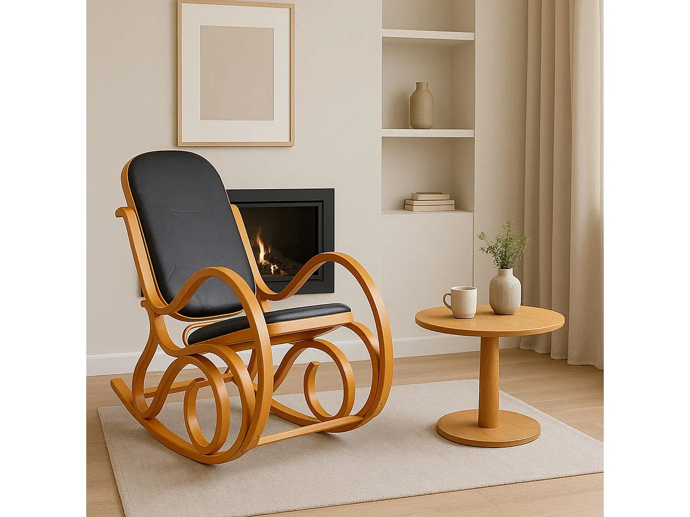 Moderner Holzoptik-Schaukelstuhl, schwarzes Patchworkleder-Velessaliving