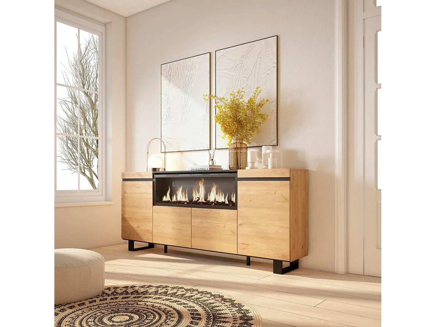 Industrie-Design Sideboard mit Elektrokamin und 4 Türen-Velessaliving