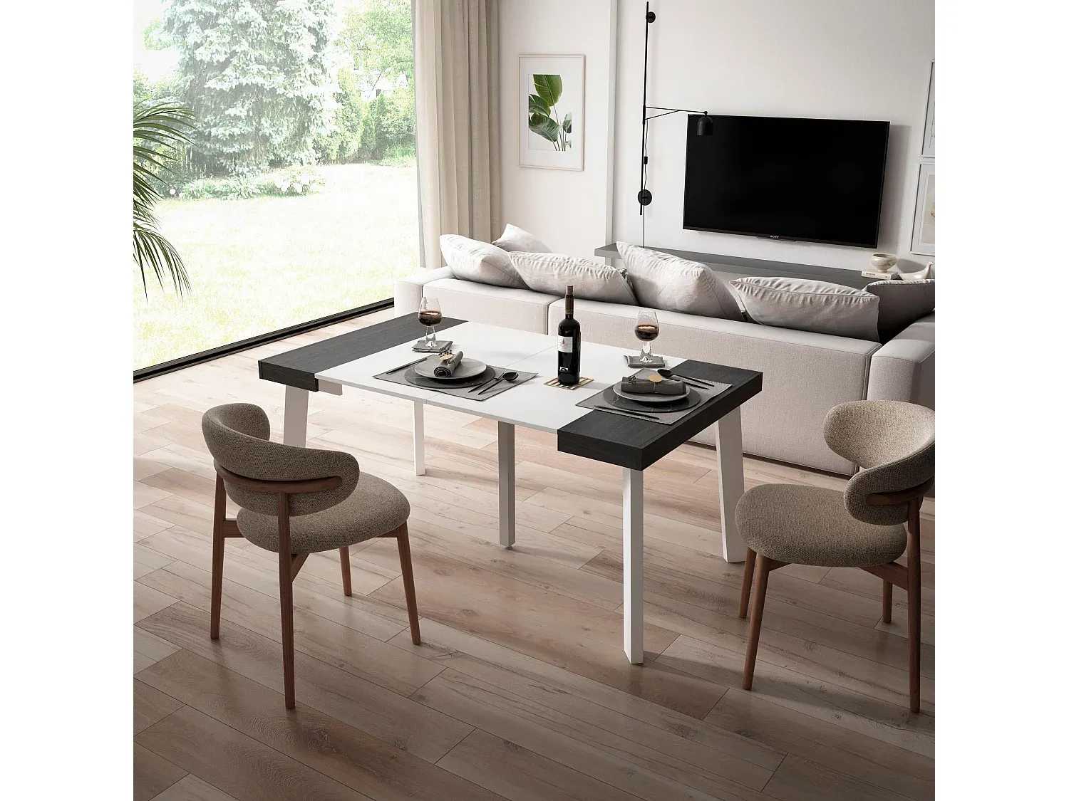 Erweiterbarer Esstisch für 8 Personen, Holzbasis, Weiß-Schwarz-Velessaliving