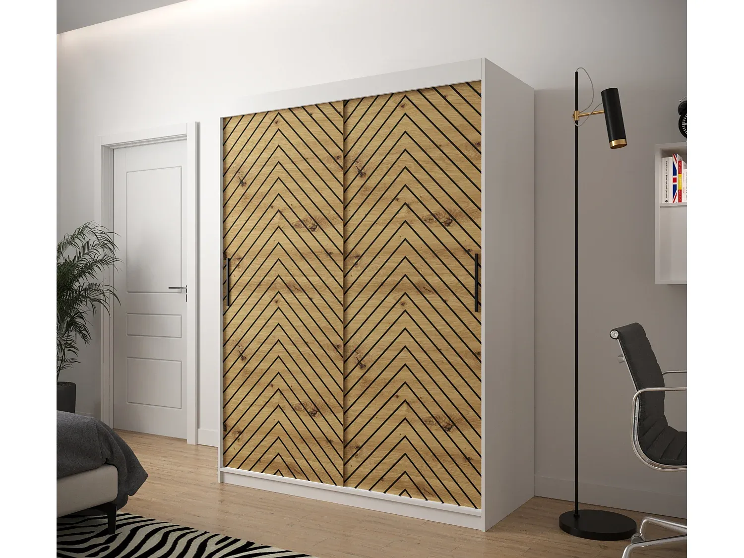 Moderner zweitüriger Schwebetürenschrank in Weiß und Holzoptik-Velessaliving