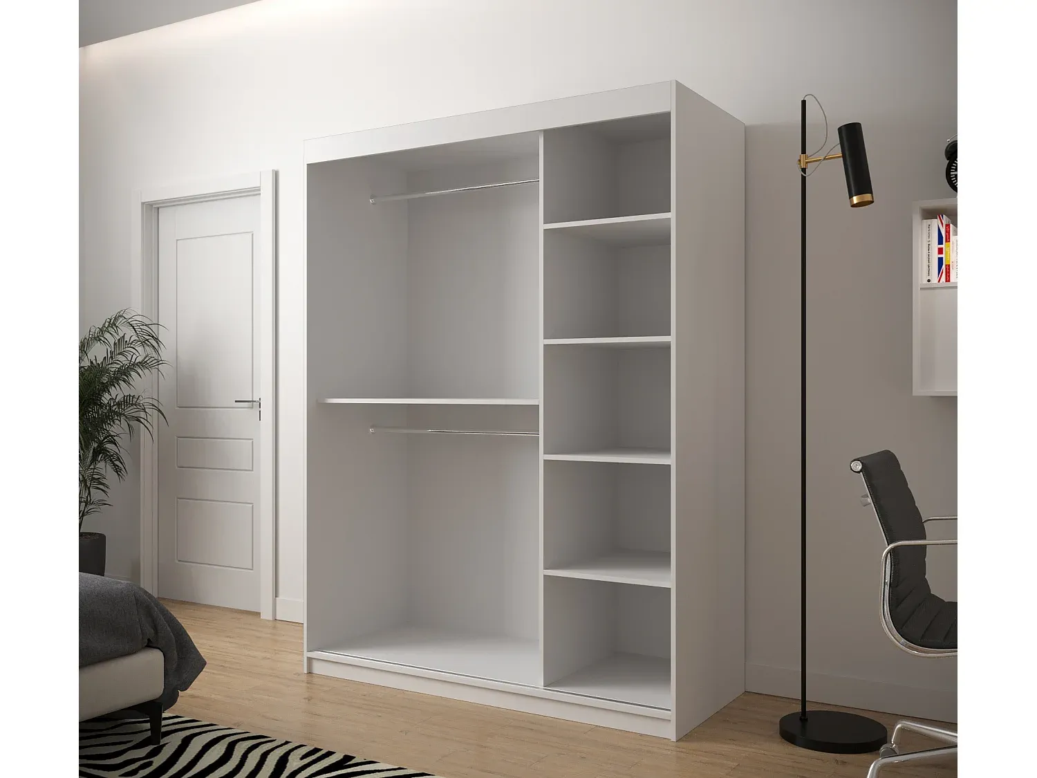 Moderner zweitüriger Schwebetürenschrank in Weiß und Holzoptik-Velessaliving