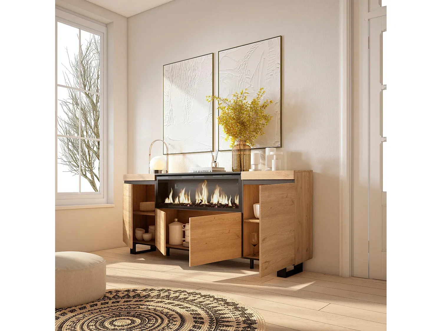 Industrie-Design Sideboard mit Elektrokamin und 4 Türen-Velessaliving