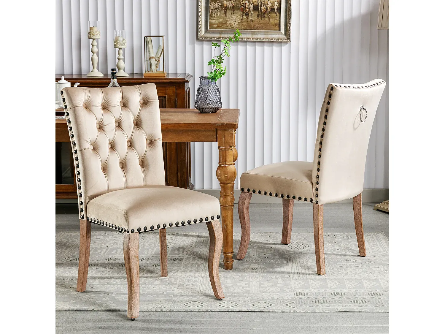 Samt-Esszimmerstühle im 2er-Set mit Walnussholzbeinen und Knöpfen, Beige-Velessaliving